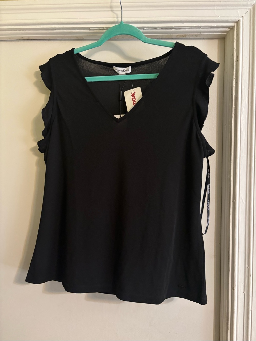 Calvin Klein Black V-Neck Ruffle Sleeve Tank